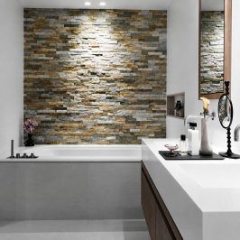 natuursteen strips, mozaïek, roestkleur, natuurstenen strips, accentmuur, schouwbekleding, wandtegels